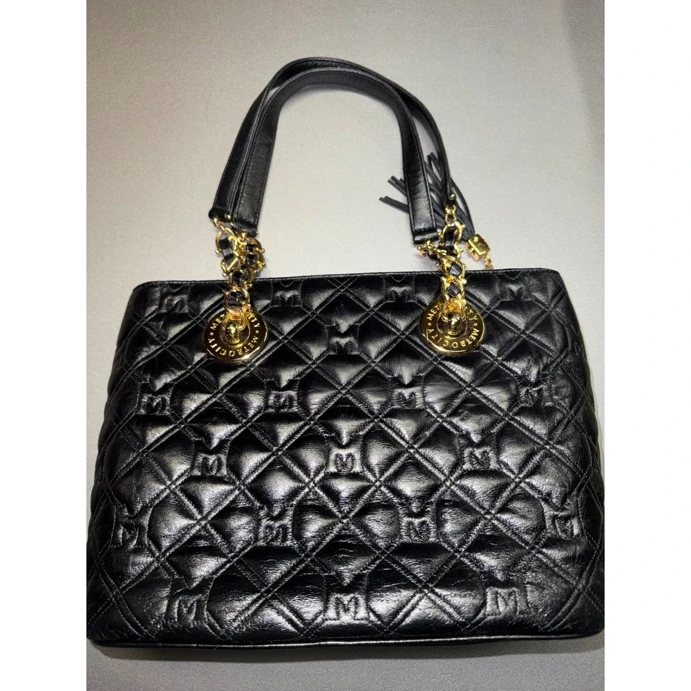 Metrocity Black Quilted Leather‎ Tote Bag Gold Hardware Logo Charm Shoulder Bag
